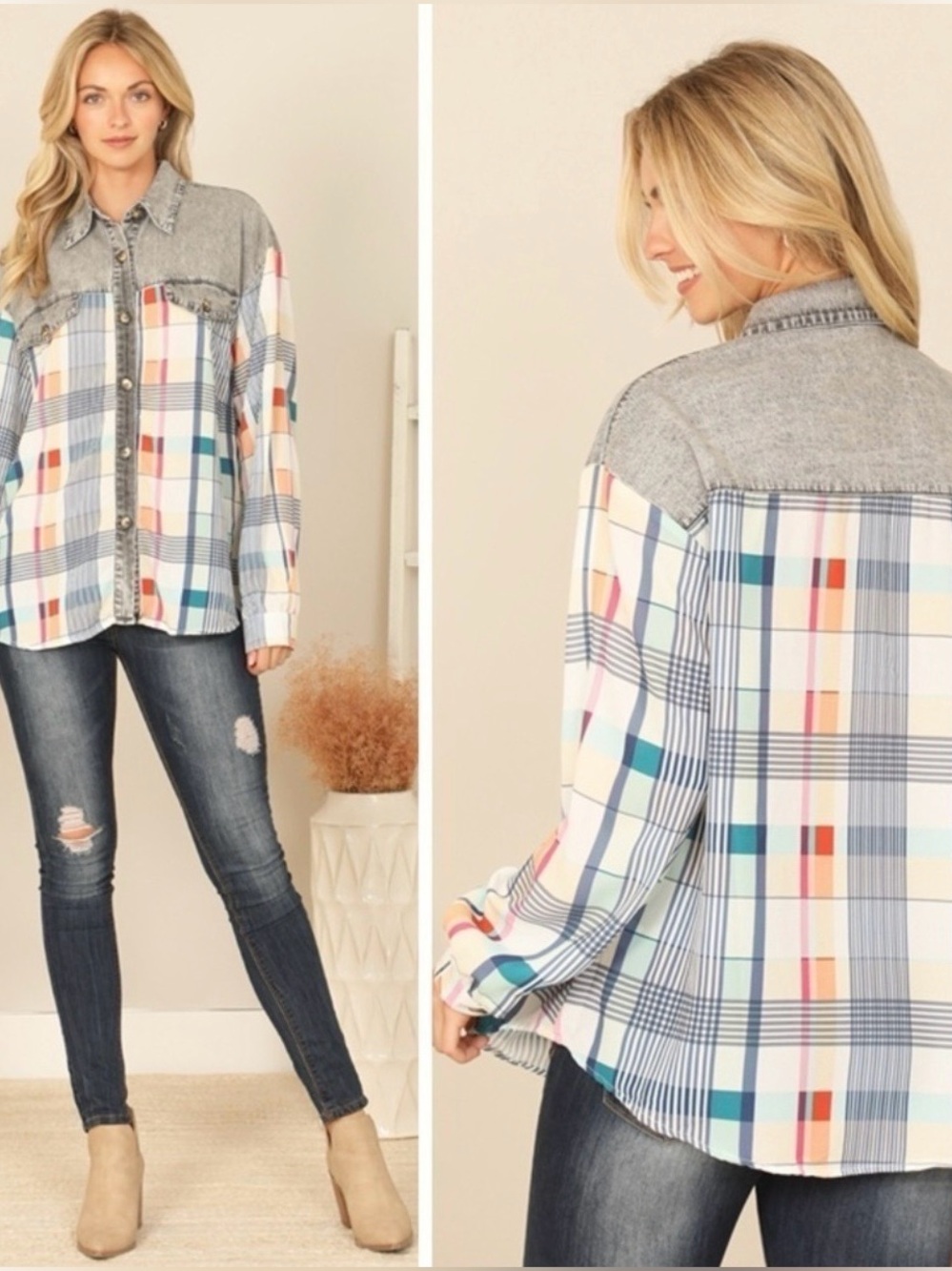 MAZIK Lightweight Breezy Colorful Plaid Pocket Denim Long Sleeve Shacket Shirt